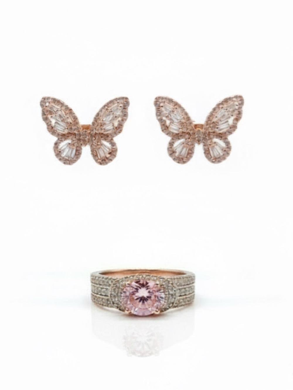 SJD 925 Sterling Rose Gold Flash Silver Butterfly Ring & Stud Earrings Set
